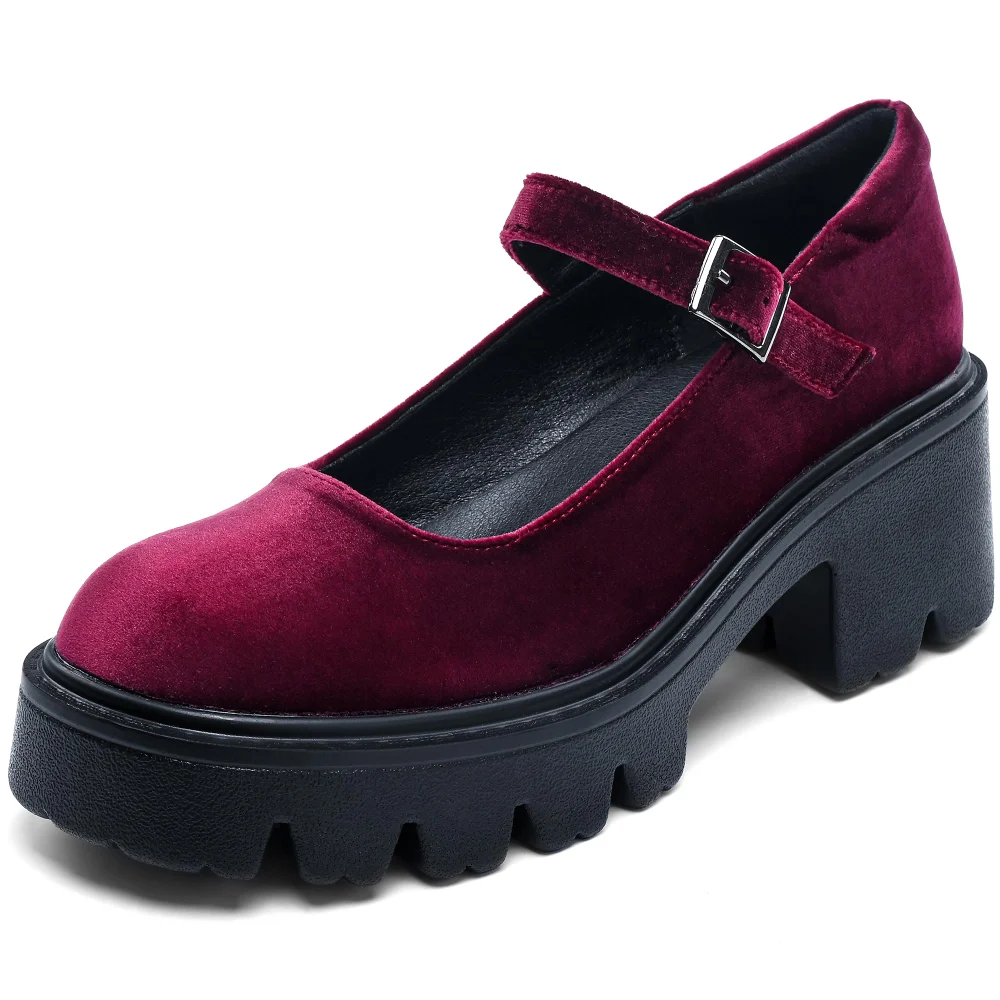 Elvora Velvet Platform Mary Jane in Burgundy Velvet
