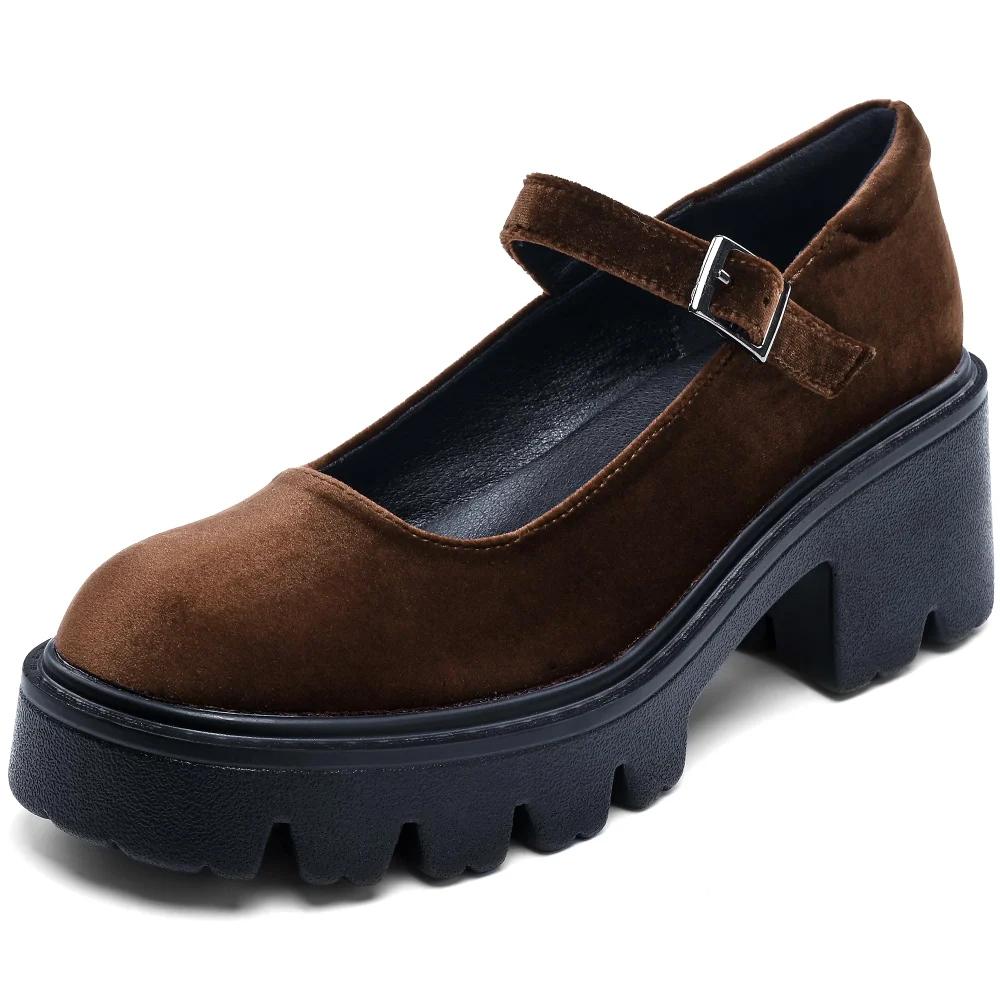 Elvora Velvet Platform Mary Jane in Brown Velvet