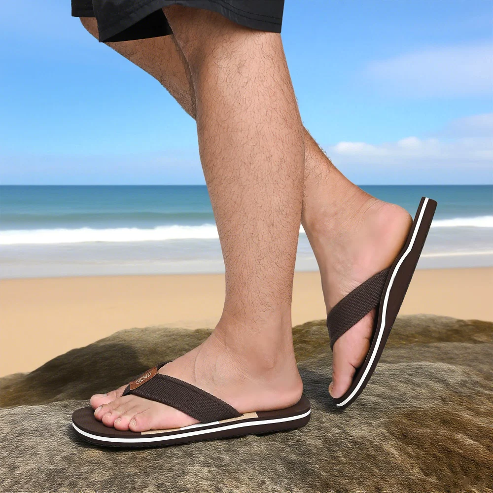 Elvora Men's Woven-Strap Arch Flip-Flop in Dark Brown / Khaki, view 2