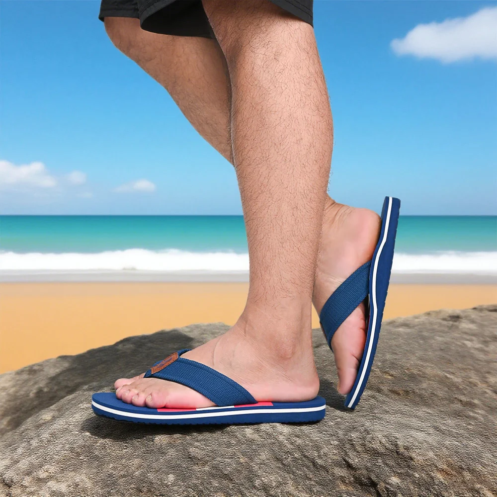 Elvora Men's Woven-Strap Arch Flip-Flop in Blue / Red, view 2